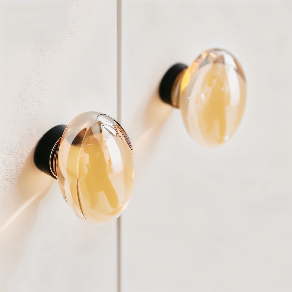Crystal Glass Cabinet Knobs with Brass Base, Fluted Kitchen & Wardrobe Hardware, Champagne & Transparent, Set of 2, 1.3-1.9in