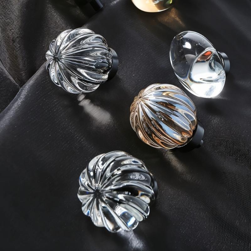 Crystal Glass Cabinet Knobs with Brass Base, Fluted Kitchen & Wardrobe Hardware, Champagne & Transparent, Set of 2, 1.3-1.9in