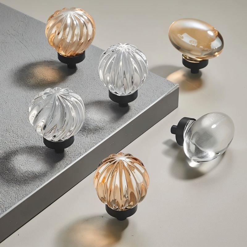 Crystal Glass Cabinet Knobs with Brass Base, Fluted Kitchen & Wardrobe Hardware, Champagne & Transparent, Set of 2, 1.3-1.9in
