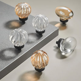 Crystal Glass Cabinet Knobs with Brass Base, Fluted Kitchen & Wardrobe Hardware, Champagne & Transparent, Set of 2, 1.3-1.9in