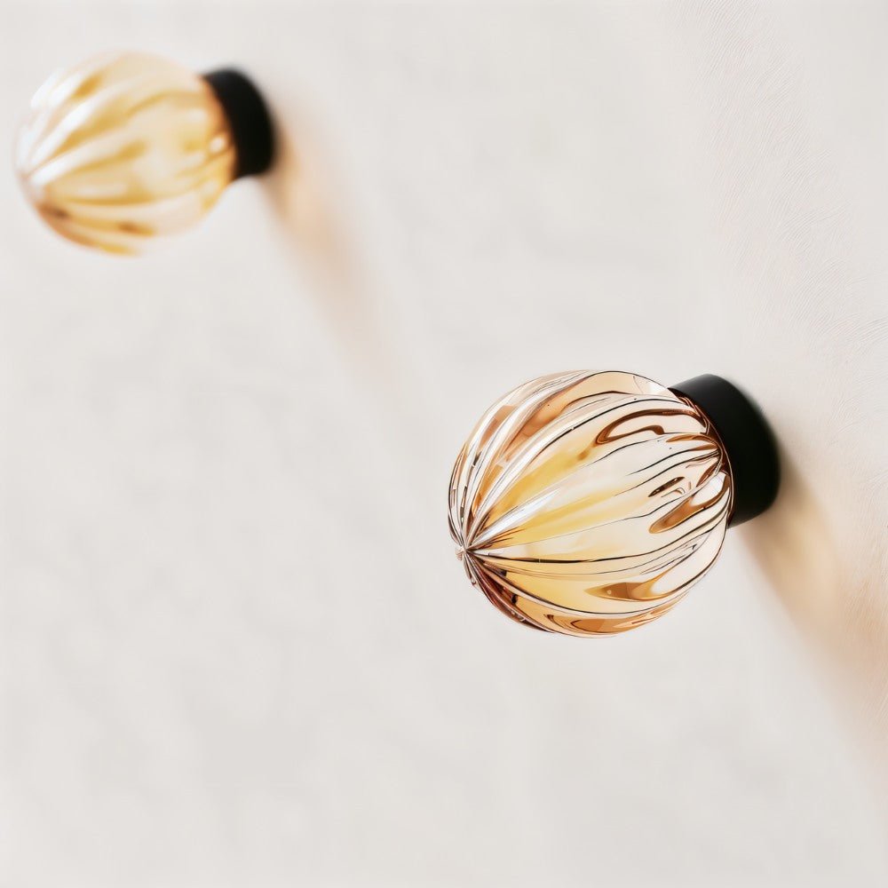 Crystal Glass Cabinet Knobs with Brass Base, Fluted Kitchen & Wardrobe Hardware, Champagne & Transparent, Set of 2, 1.3-1.9in