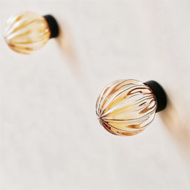 Crystal Glass Cabinet Knobs with Brass Base, Fluted Kitchen & Wardrobe Hardware, Champagne & Transparent, Set of 2, 1.3-1.9in