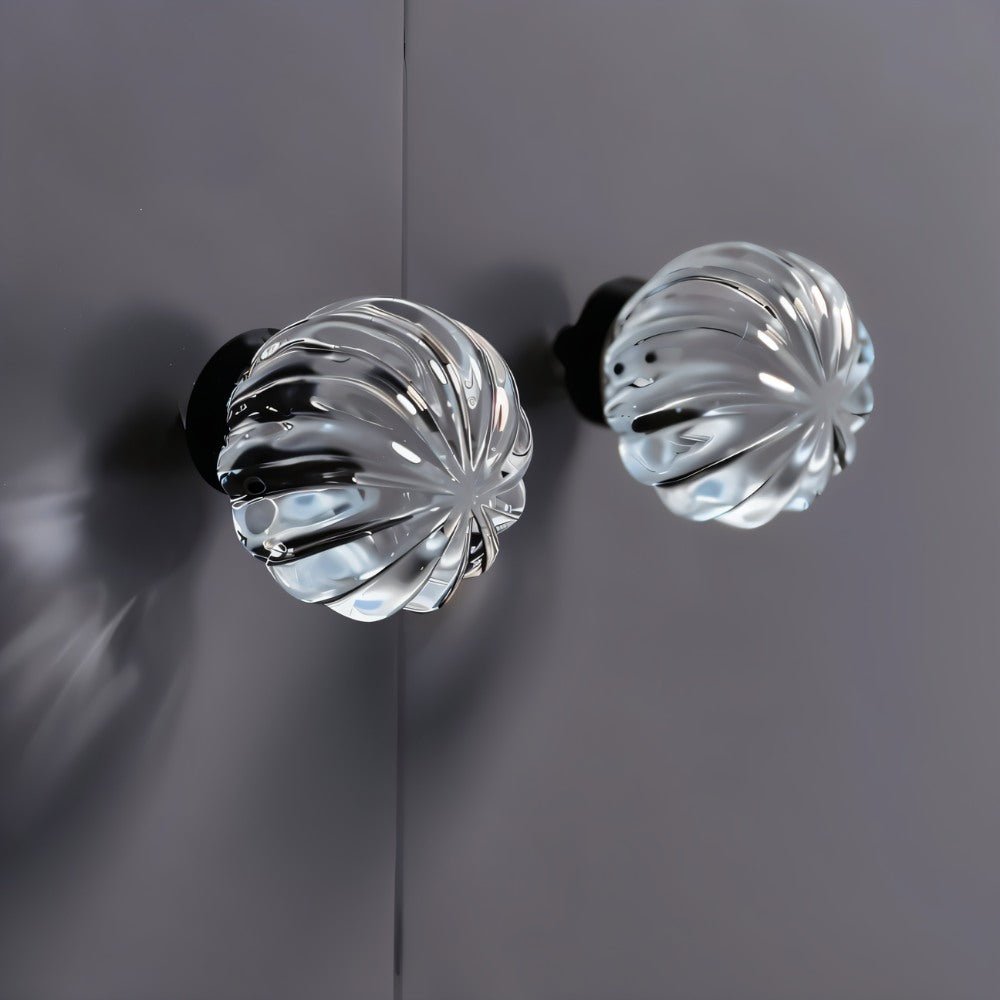 Crystal Glass Cabinet Knobs with Brass Base, Fluted Kitchen & Wardrobe Hardware, Champagne & Transparent, Set of 2, 1.3-1.9in