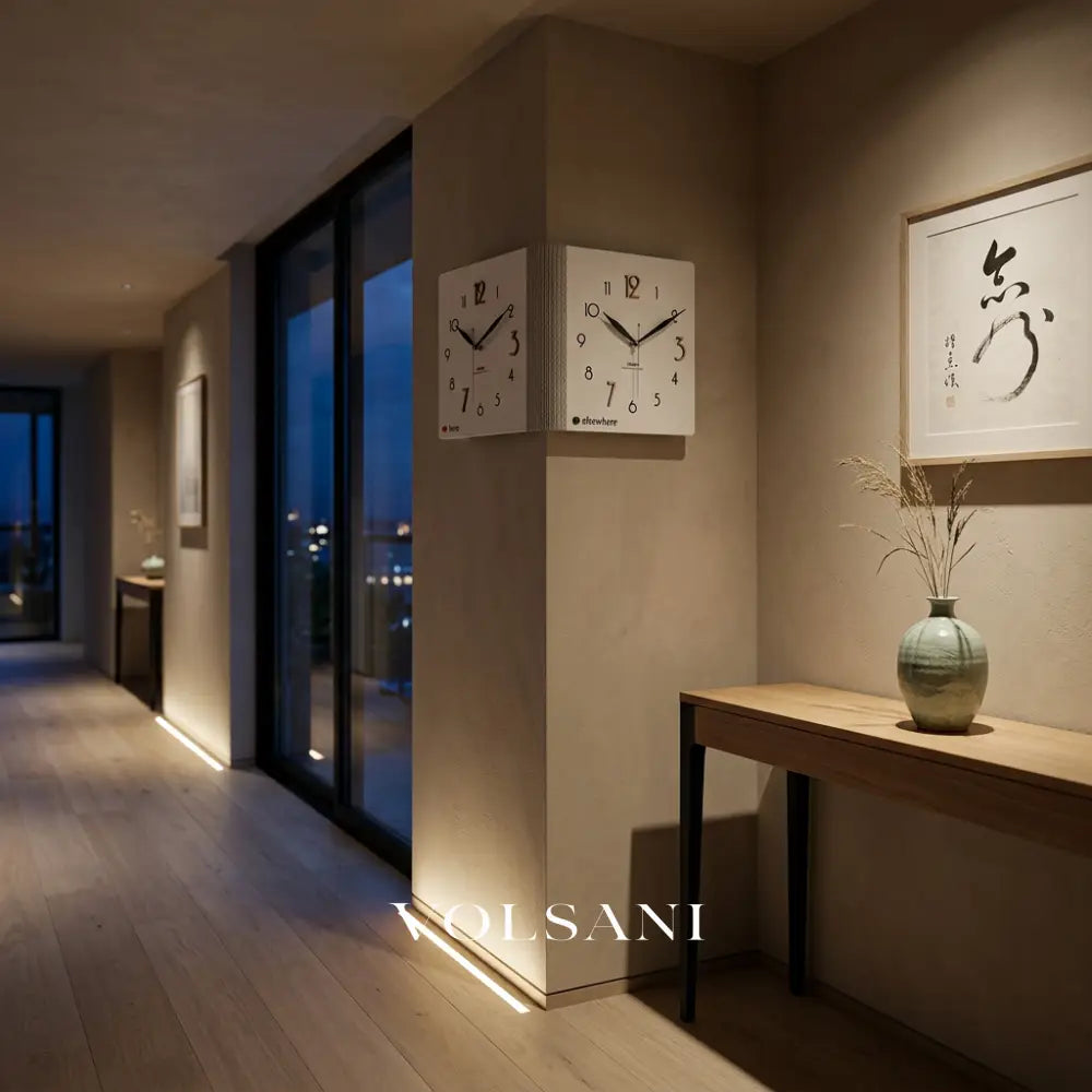 Double-Sided Wooden Corner Wall Clock in a hallway corner