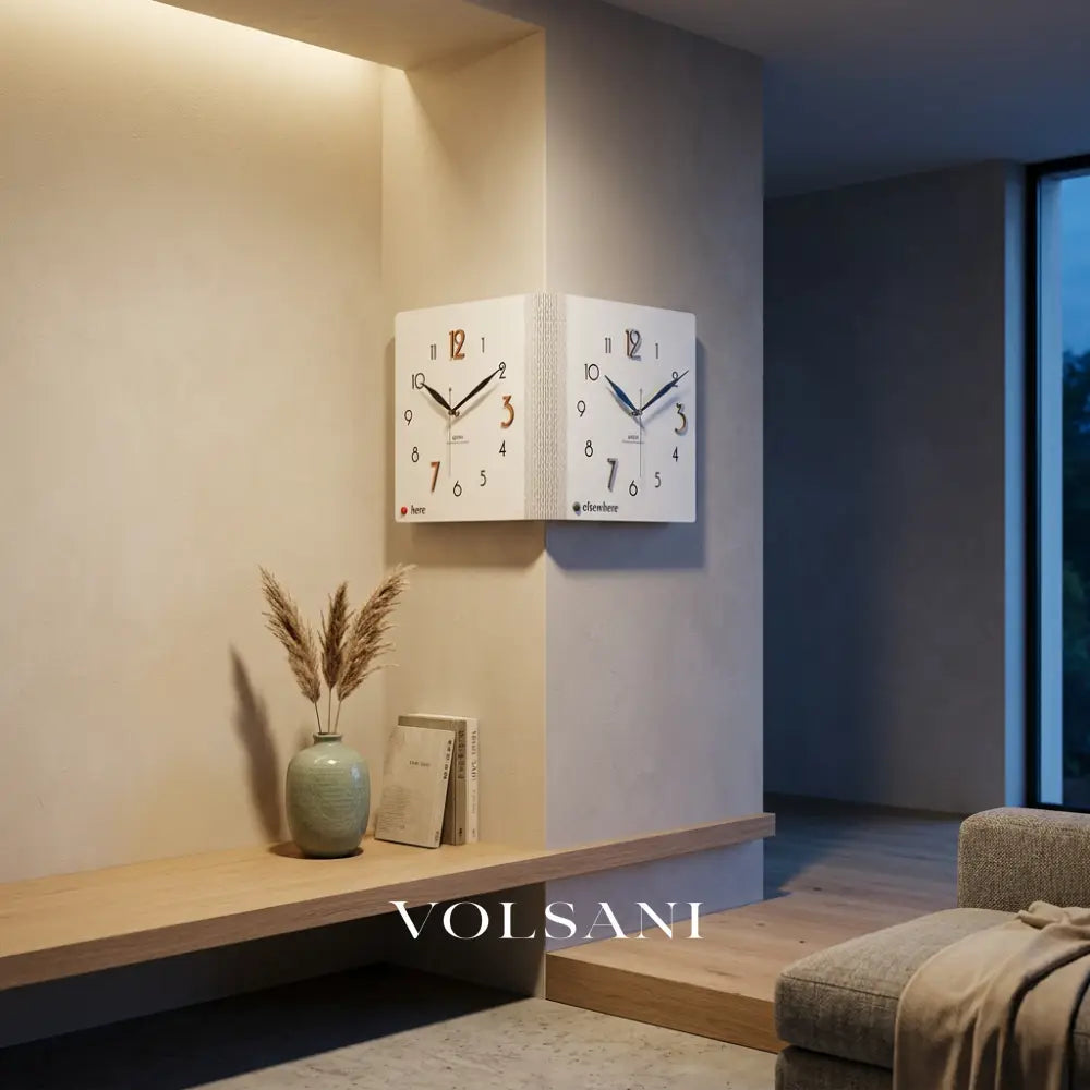 Double-Sided Wooden Corner Wall Clock in a living room corner