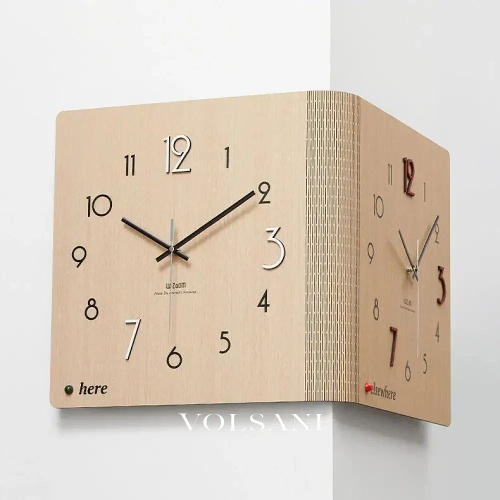Double Sided Corner Wall Clock Minimalist Living Room & Office Clock Silent Sweep Both Faces 2 Finishes 23.6in - Wood