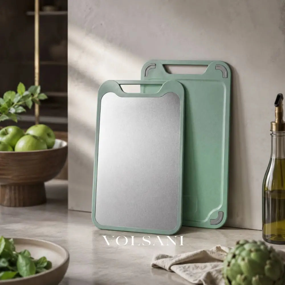 Double Sided Cutting Board with Steel & PP Faces Meat & Produce Kitchen Board Juice Groove and Garlic Grinder 2 Sizes