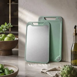 Double Sided Cutting Board with Steel & PP Faces Meat & Produce Kitchen Board Juice Groove and Garlic Grinder 2 Sizes
