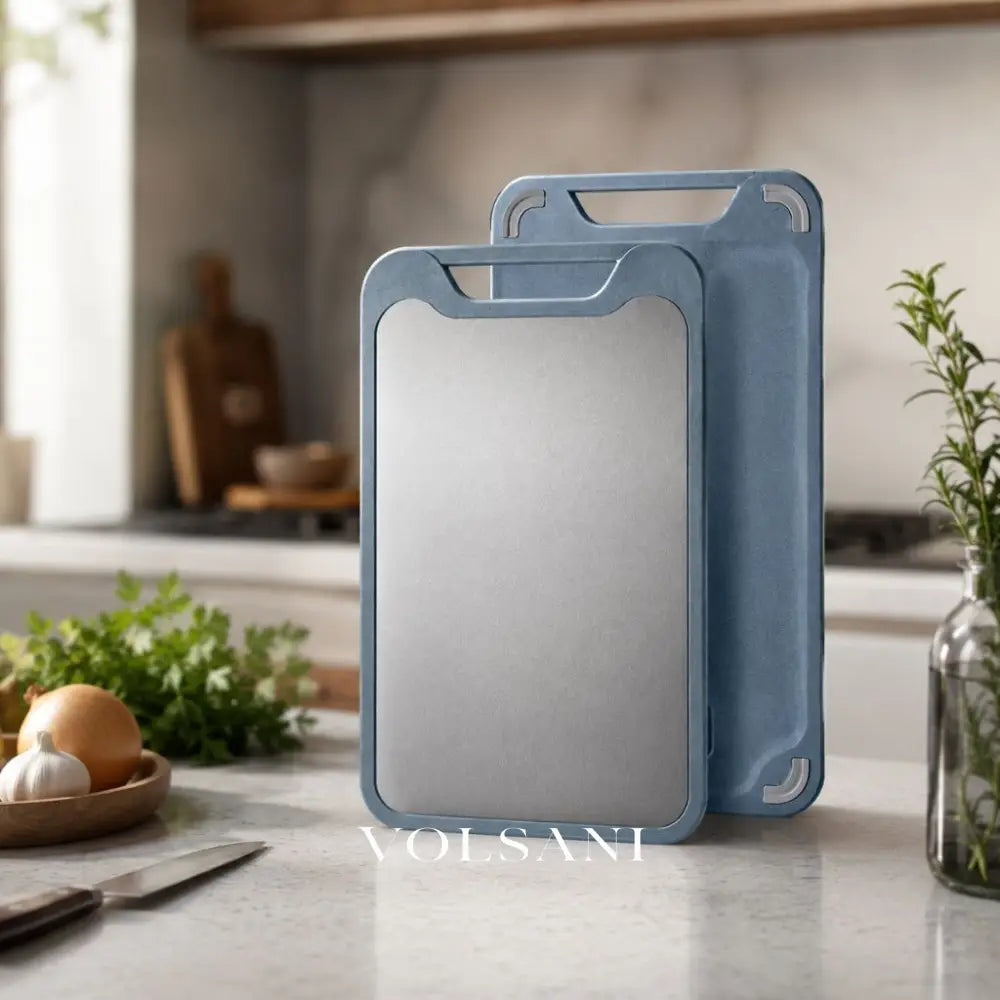 Double Sided Cutting Board with Steel & PP Faces Meat & Produce Kitchen Board Juice Groove and Garlic Grinder 2 Sizes