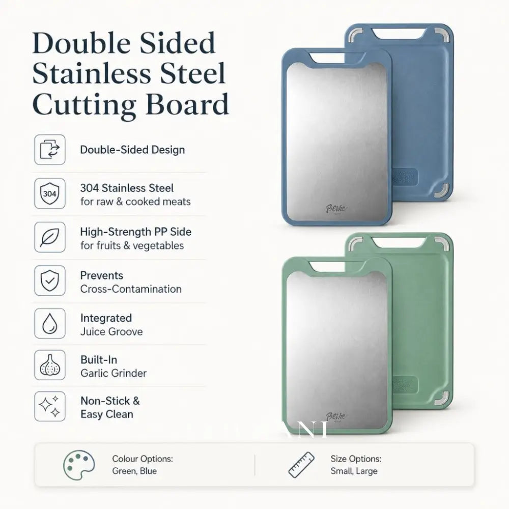 Double Sided Cutting Board with Steel & PP Faces Meat & Produce Kitchen Board Juice Groove and Garlic Grinder 2 Sizes