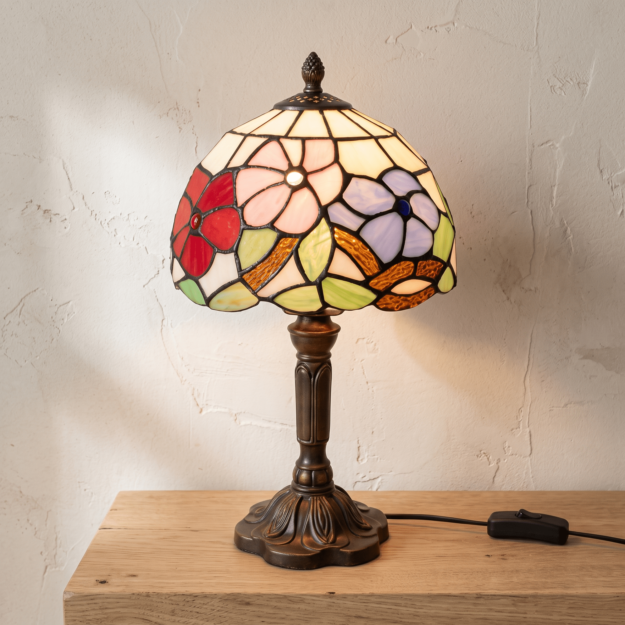 DUNA: Tiffany Tafellamp – Glas-in-lood Kap met E27 Fitting - Volsani