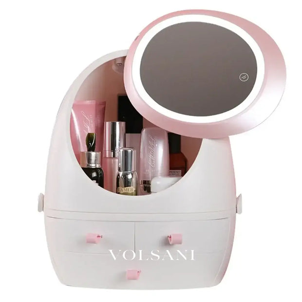 Dustproof Cosmetic Case with Rotating LED Mirror Dressing Table & Vanity Storage Box Dimmable Light Rechargeable