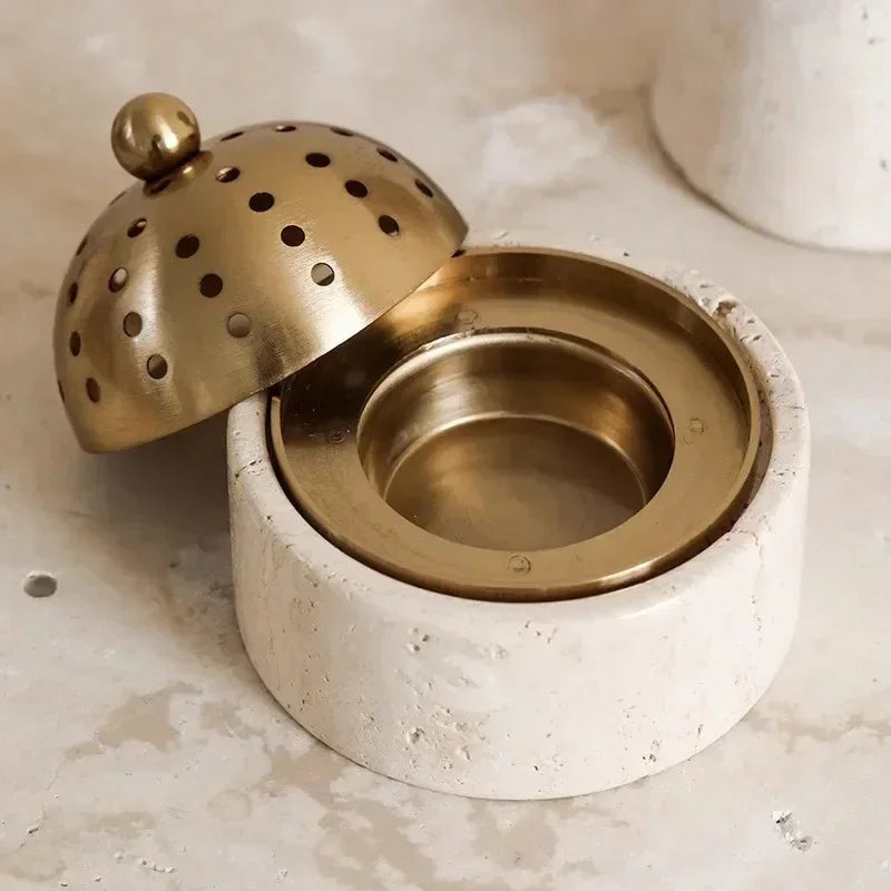 Travertine Incense Burner with Perforated Dome Lid, Gold Tone, 3.9-6.9in