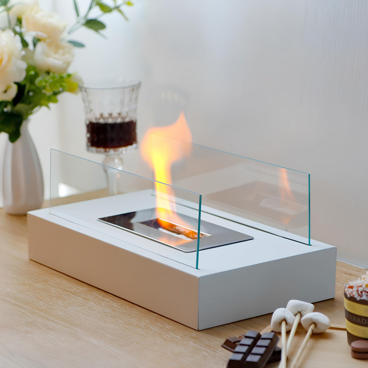 Tabletop Fireplace, Glass & Metal Ethanol Fire Bowl, Indoor & Outdoor, 14in