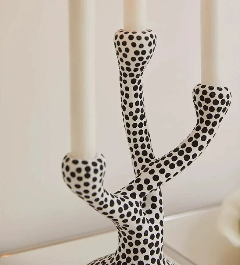 Ceramic Polka Dot Candle Holder, Black Dot Taper Candlestick, Glazed 10.6in