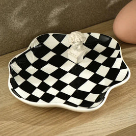 Checkered Ceramic Tray, Round Catchall Tray & Retro Serving Plate, 9.1in