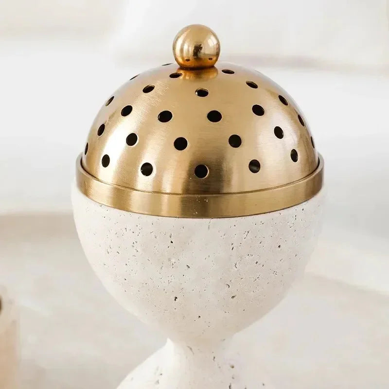 Travertine Incense Burner with Perforated Dome Lid, Gold Tone, 3.9-6.9in