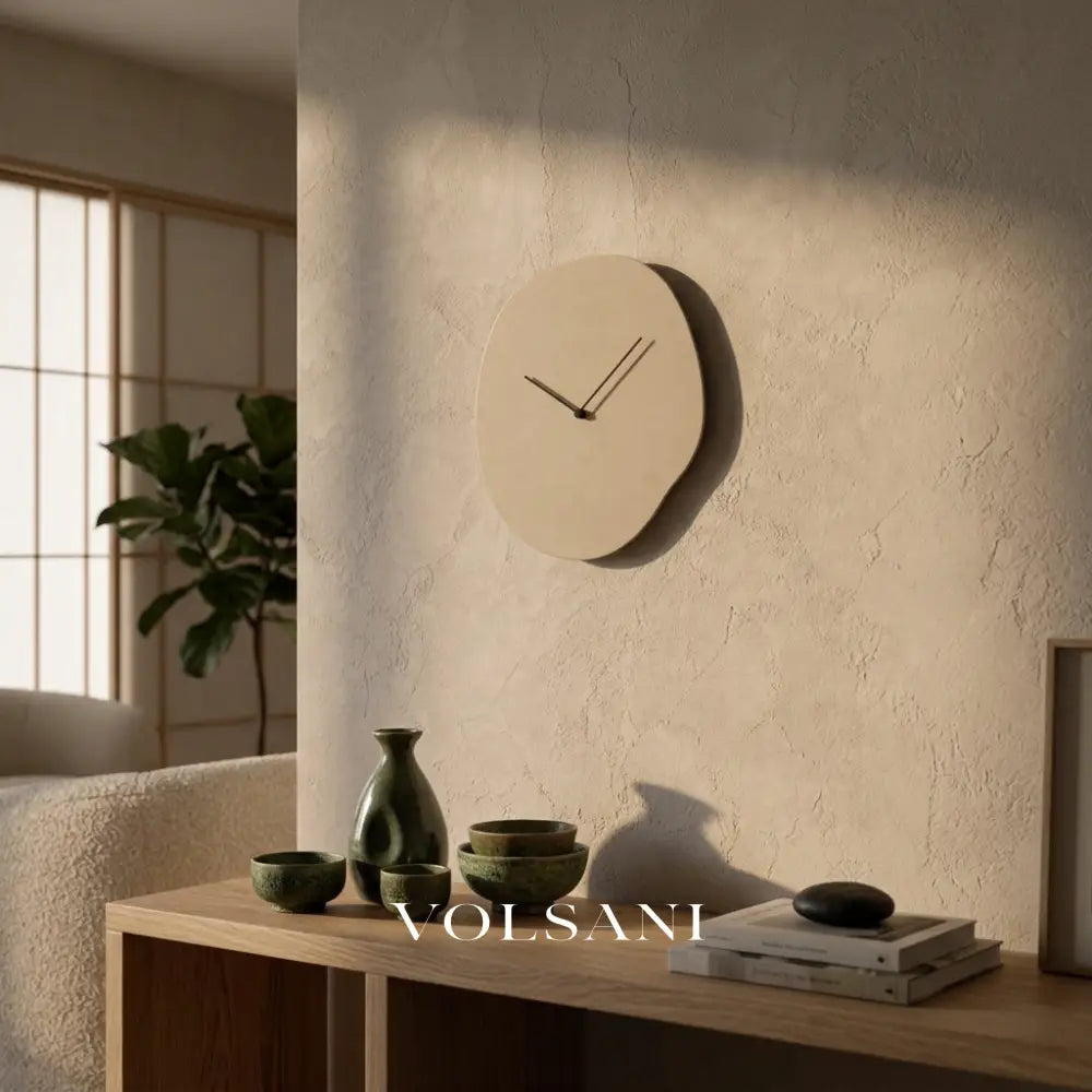 EERO minimalist wall clock in beige in a living room