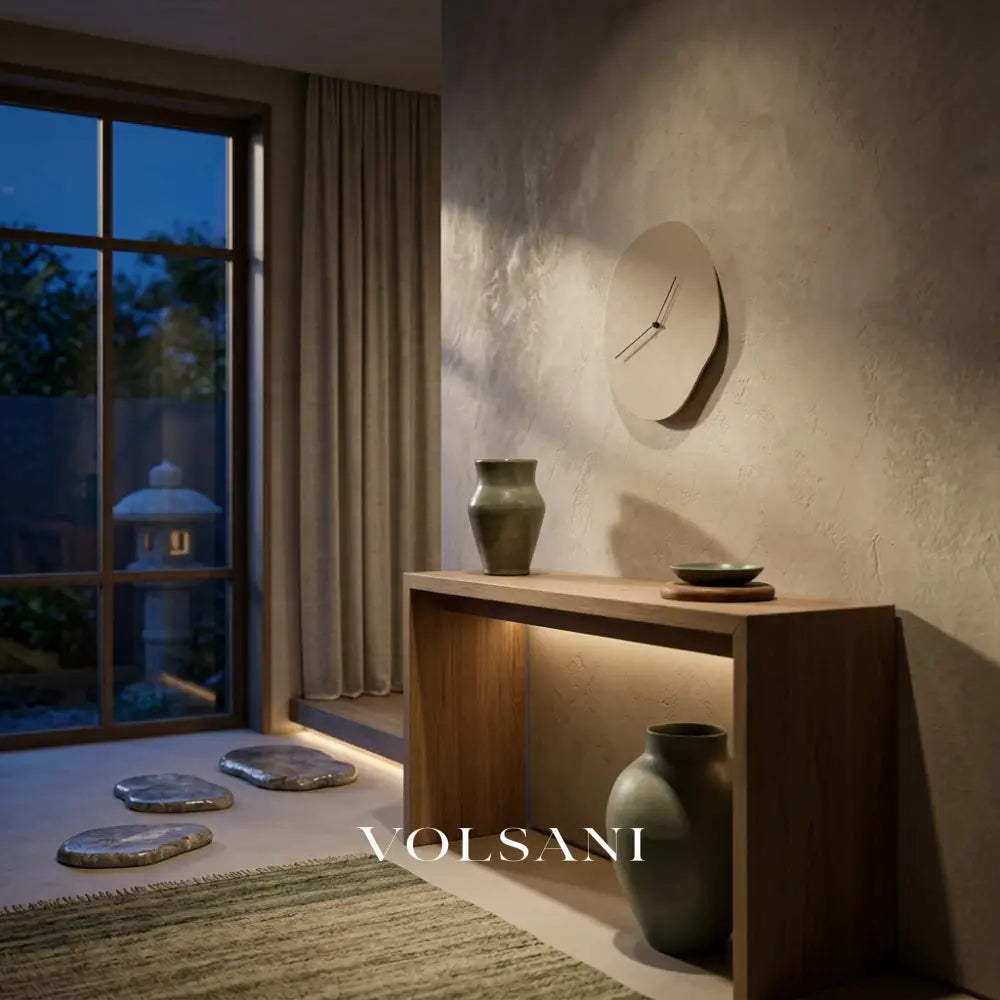 EERO minimalist wall clock in beige above a console table in an entrance hall