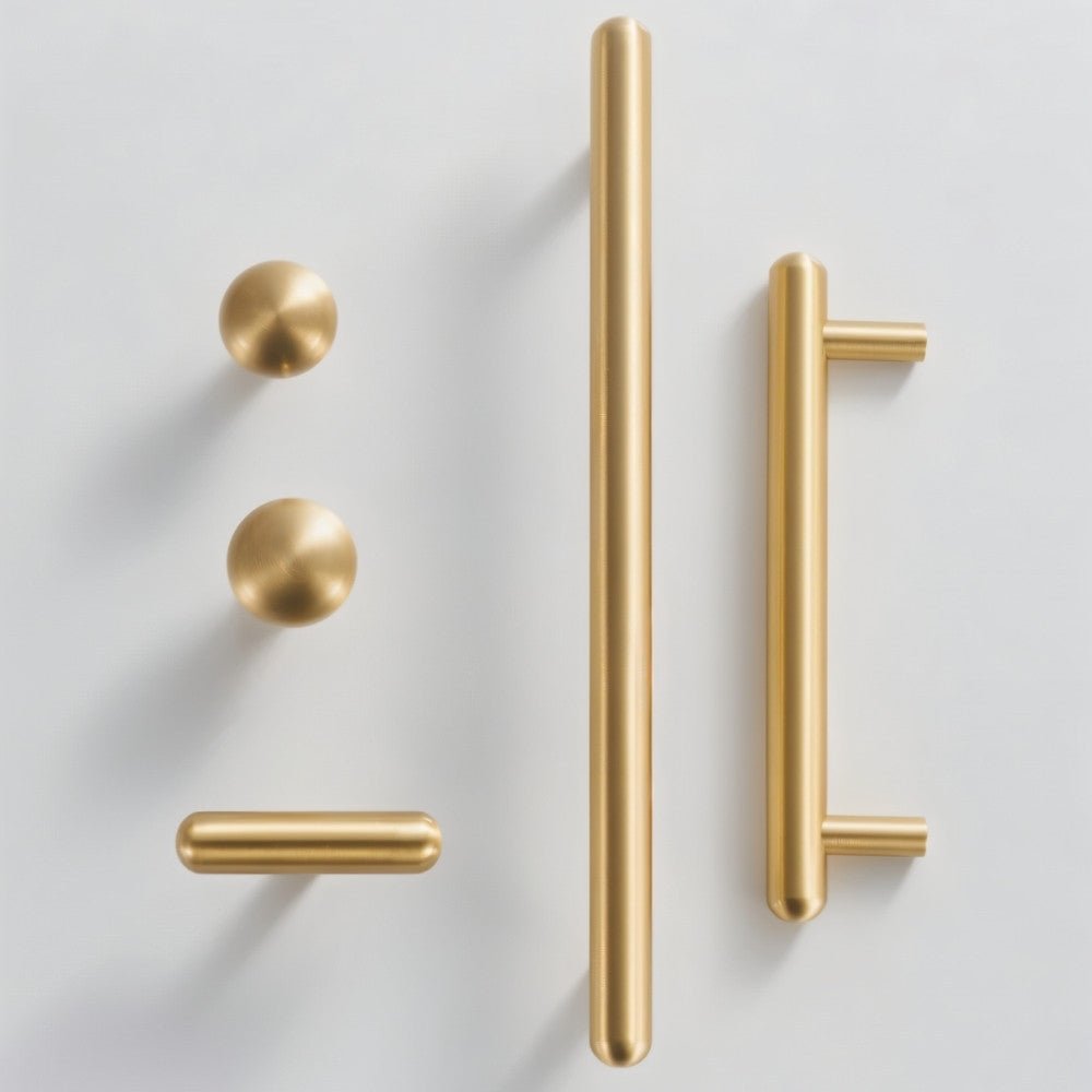 Brushed Brass Cabinet Knobs & Drawer Pull Bars, Modern Kitchen & Bedroom Hardware, Rounded Edges, Set of 2 Pieces, 0.9-8.8in