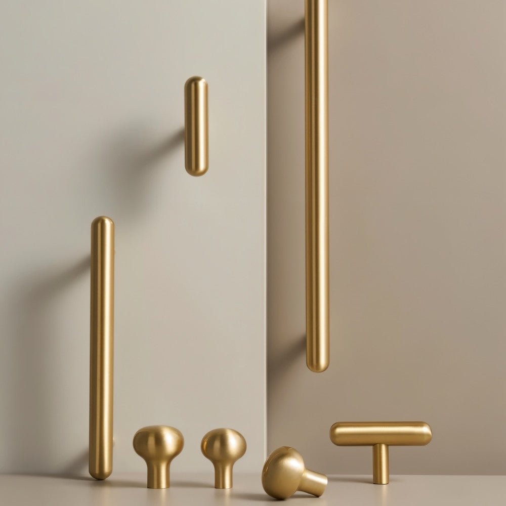 Brushed Brass Cabinet Knobs & Drawer Pull Bars, Modern Kitchen & Bedroom Hardware, Rounded Edges, Set of 2 Pieces, 0.9-8.8in