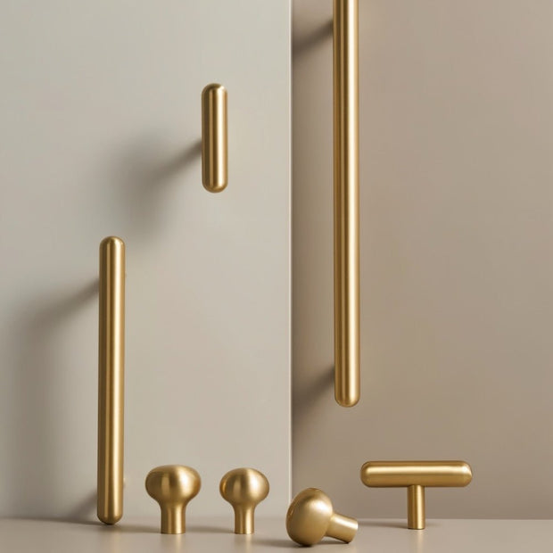 Brushed Brass Cabinet Knobs & Drawer Pull Bars, Modern Kitchen & Bedroom Hardware, Rounded Edges, Set of 2 Pieces, 0.9-8.8in