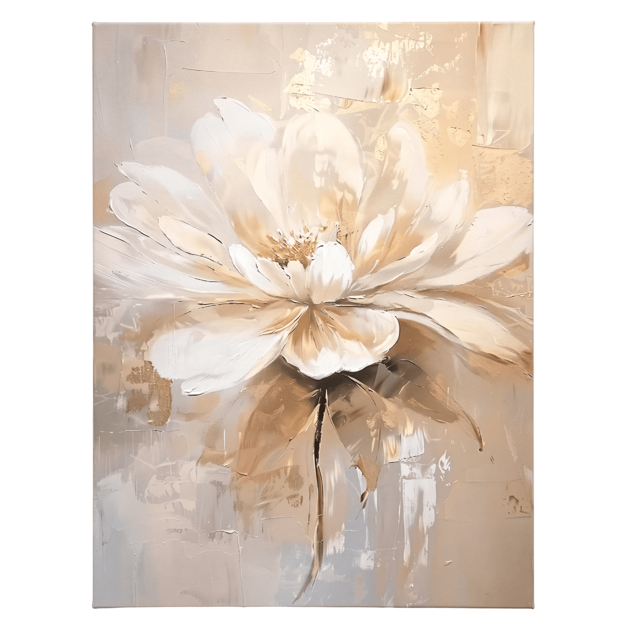 Elegante Witte Bloem met Goud – Neutraal Bloemschilderij - Volsani