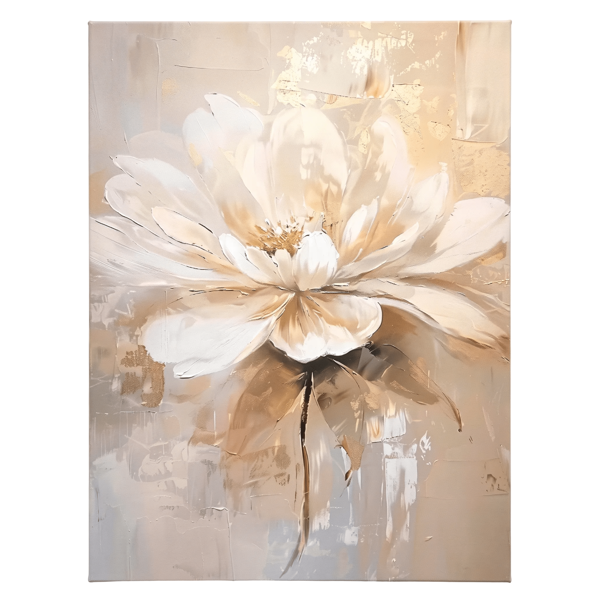 Elegante Witte Bloem met Goud – Neutraal Bloemschilderij - Volsani
