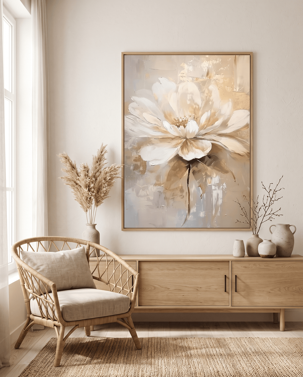 Elegante Witte Bloem met Goud – Neutraal Bloemschilderij - Volsani