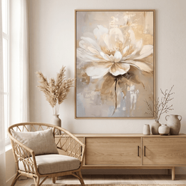 Elegante Witte Bloem met Goud – Neutraal Bloemschilderij - Volsani