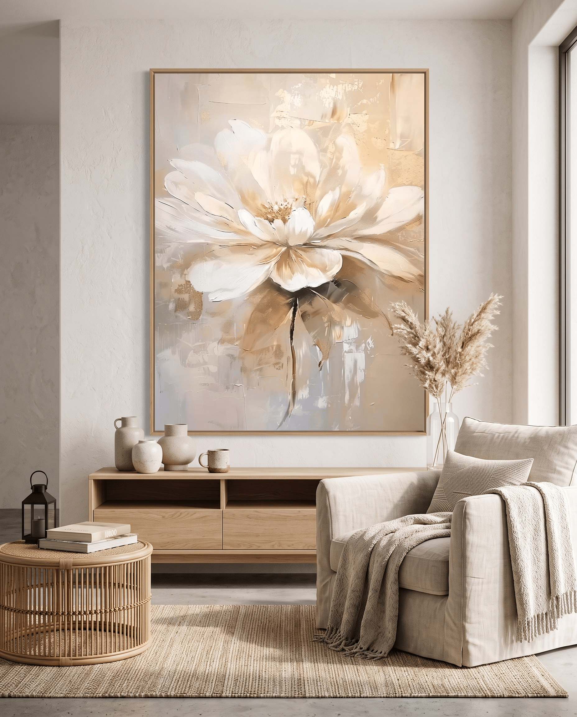Elegante Witte Bloem met Goud – Neutraal Bloemschilderij - Volsani