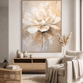Elegante Witte Bloem met Goud – Neutraal Bloemschilderij - Volsani