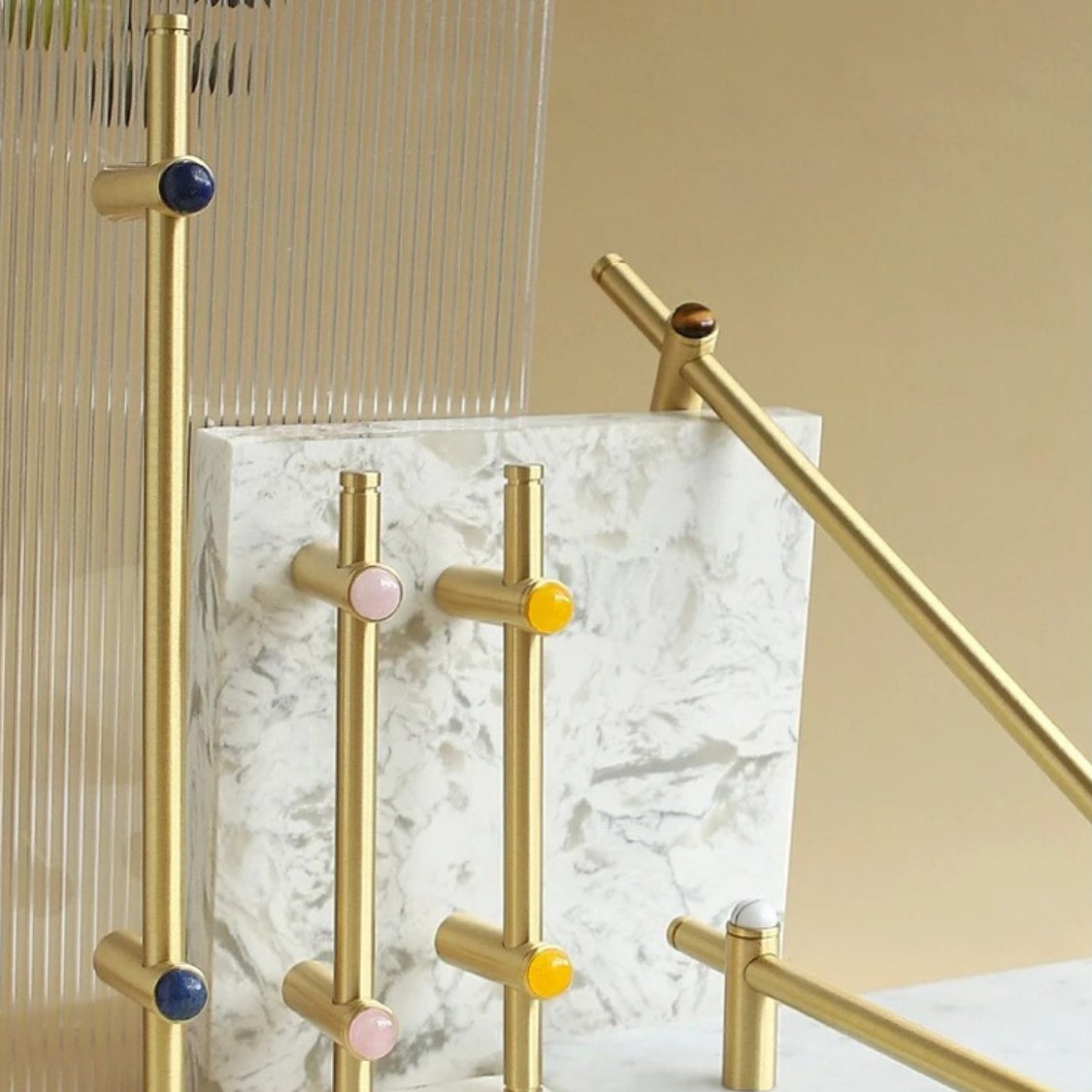 Jade & Brass Drawer Pull Bars, Modern Kitchen & Cabinet Hardware, Natural Stone Variation, Set of 2 in 5 Colors, 6.3-20.5in