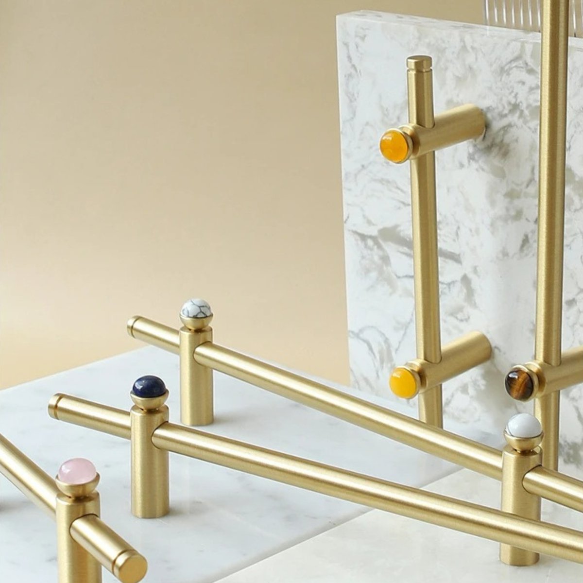 Jade & Brass Drawer Pull Bars, Modern Kitchen & Cabinet Hardware, Natural Stone Variation, Set of 2 in 5 Colors, 6.3-20.5in