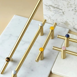 Jade & Brass Drawer Pull Bars, Modern Kitchen & Cabinet Hardware, Natural Stone Variation, Set of 2 in 5 Colors, 6.3-20.5in