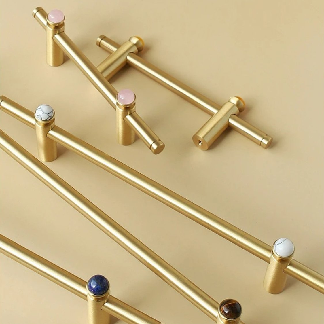 Jade & Brass Drawer Pull Bars, Modern Kitchen & Cabinet Hardware, Natural Stone Variation, Set of 2 in 5 Colors, 6.3-20.5in