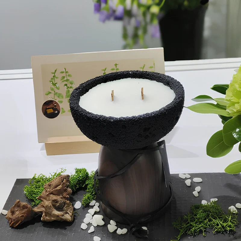 Cement Candle Holder, Concrete & Wood Bowl for Wax Sand or Cup Candles