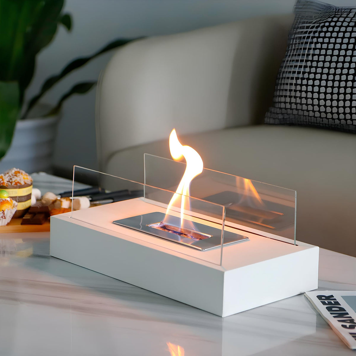 Tabletop Fireplace, Glass & Metal Ethanol Fire Bowl, Indoor & Outdoor, 14in