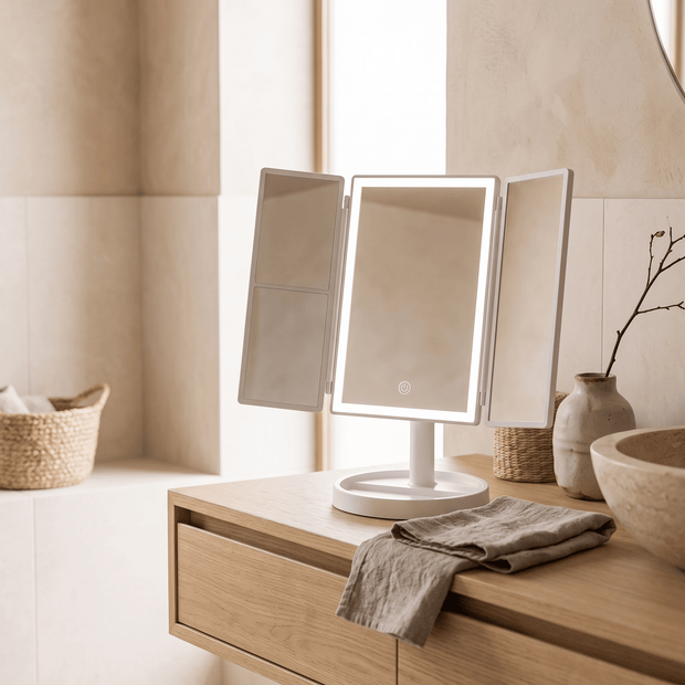 FEMKE: Opvouwbare Make-upspiegel – Drieluik met LED & 2x/3x Vergroting - Volsani