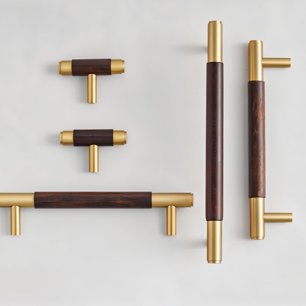 Solid Brass & Wood Cabinet Knobs & Pull Bars, Modern Kitchen & Wardrobe Hardware, Cylindrical Caps, Set of 2, 1.6-6.2in