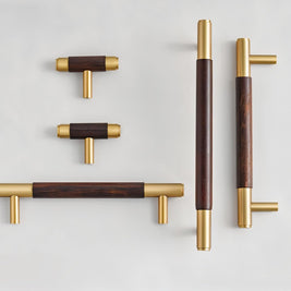 Solid Brass & Wood Cabinet Knobs & Pull Bars, Modern Kitchen & Wardrobe Hardware, Cylindrical Caps, Set of 2, 1.6-6.2in