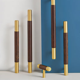 Solid Brass & Wood Cabinet Knobs & Pull Bars, Modern Kitchen & Wardrobe Hardware, Cylindrical Caps, Set of 2, 1.6-6.2in