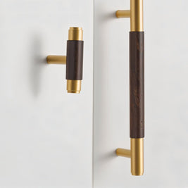 Solid Brass & Wood Cabinet Knobs & Pull Bars, Modern Kitchen & Wardrobe Hardware, Cylindrical Caps, Set of 2, 1.6-6.2in
