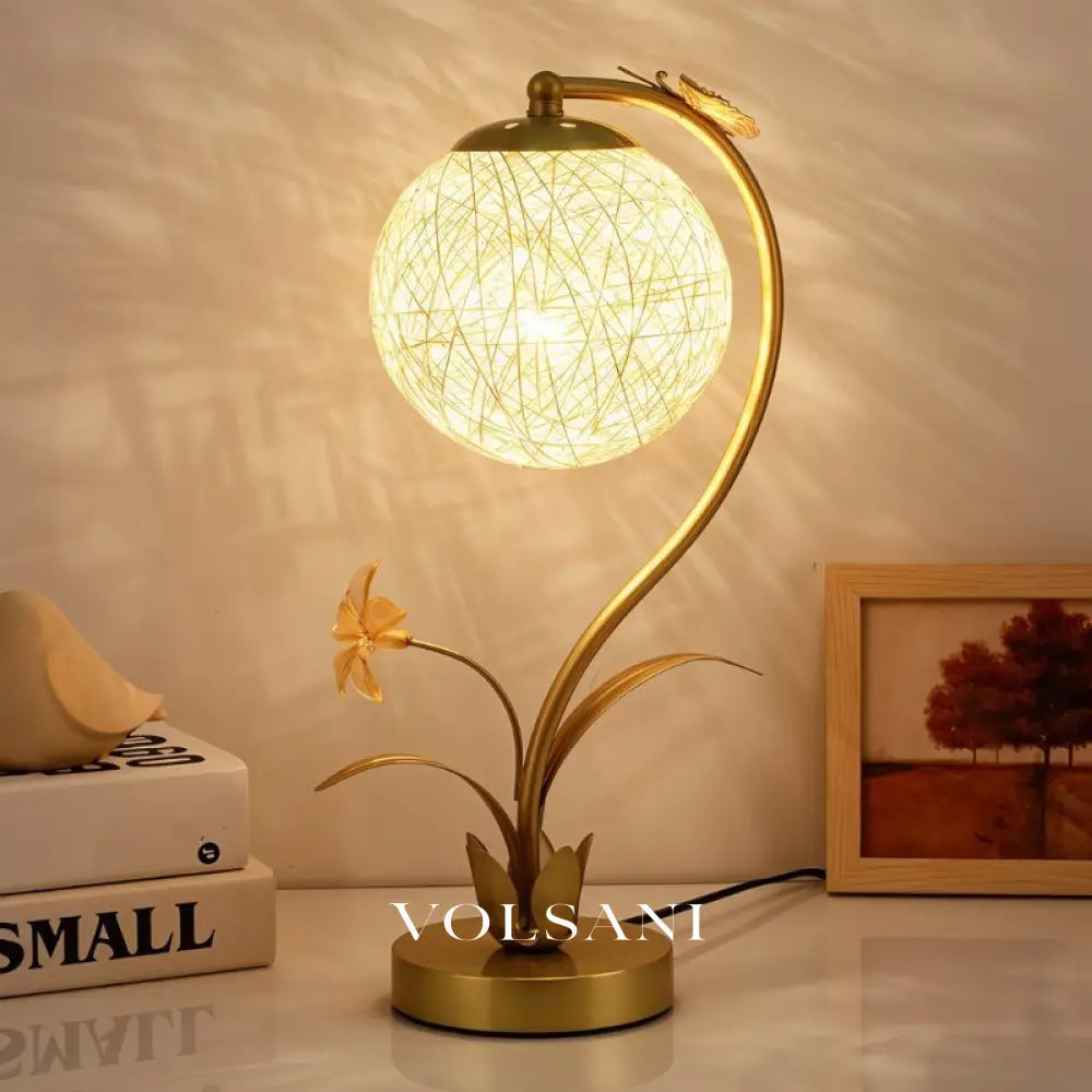 Floral Table Lamp with Glass Orb Faux Flower & Butterfly Decorative Bedroom Lamp Gold Accents Warm White 16in