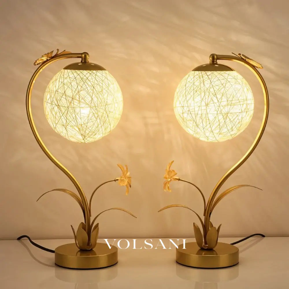 Floral Table Lamp with Glass Orb Faux Flower & Butterfly Decorative Bedroom Lamp Gold Accents Warm White 16in