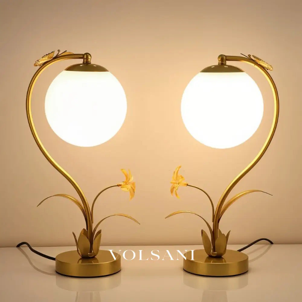 Floral Table Lamp with Glass Orb Faux Flower & Butterfly Decorative Bedroom Lamp Gold Accents Warm White 16in