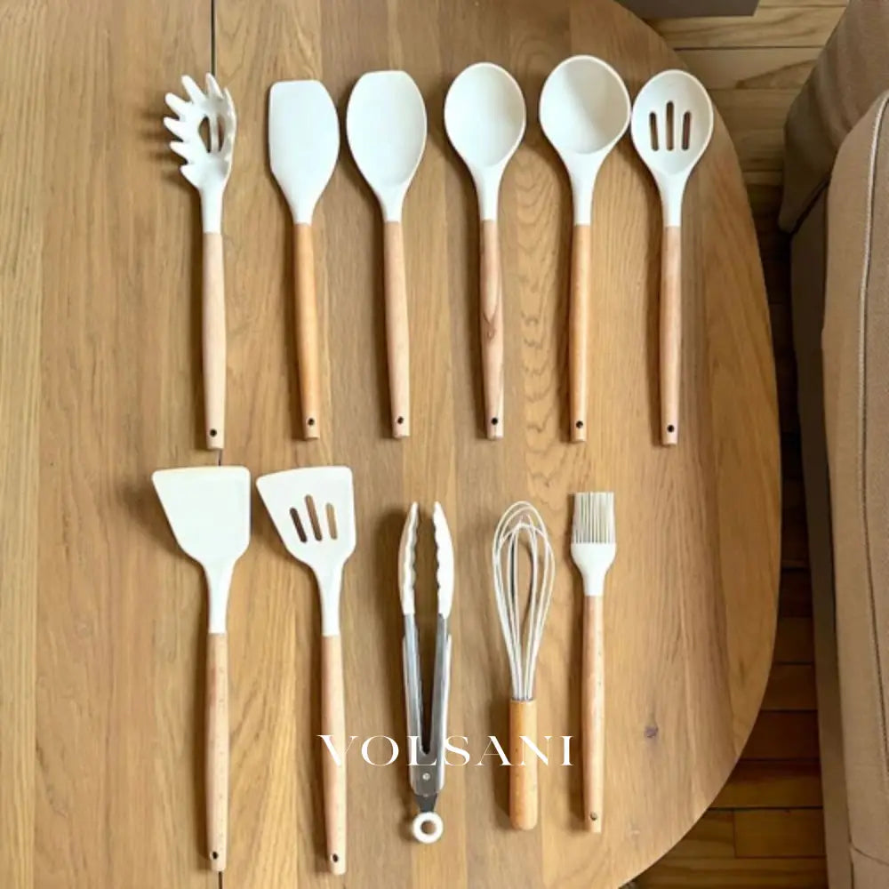 FROUKJE: Siliconen Keukengerei – 11-delige Set met Houten Handvatten - Volsani