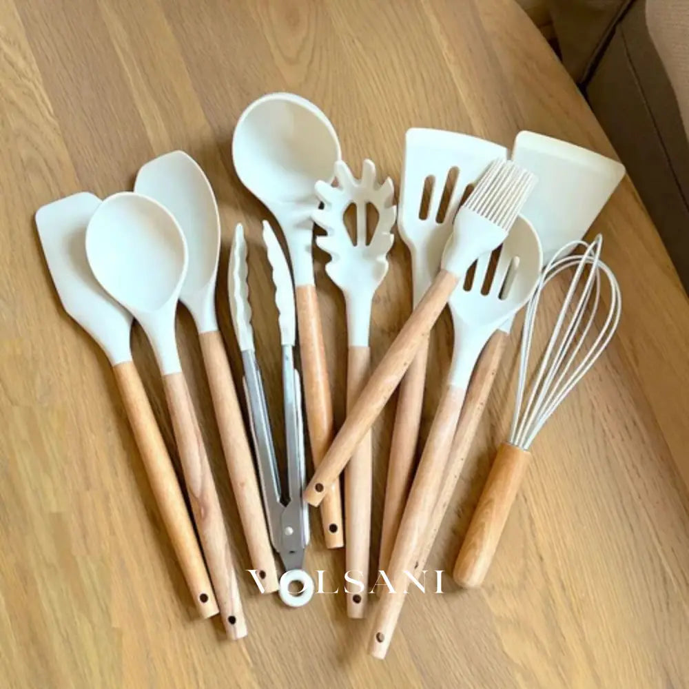 FROUKJE: Siliconen Keukengerei – 11-delige Set met Houten Handvatten - Volsani