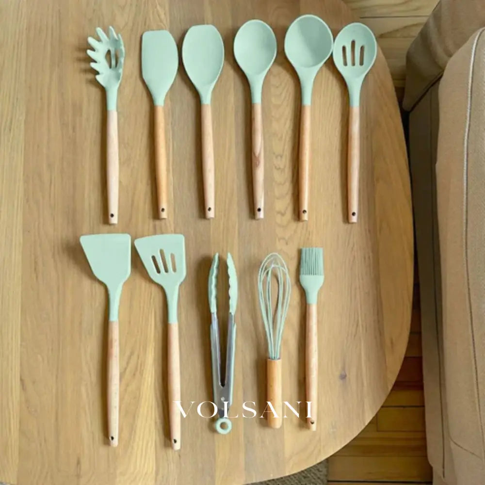 FROUKJE: Siliconen Keukengerei – 11-delige Set met Houten Handvatten - Volsani