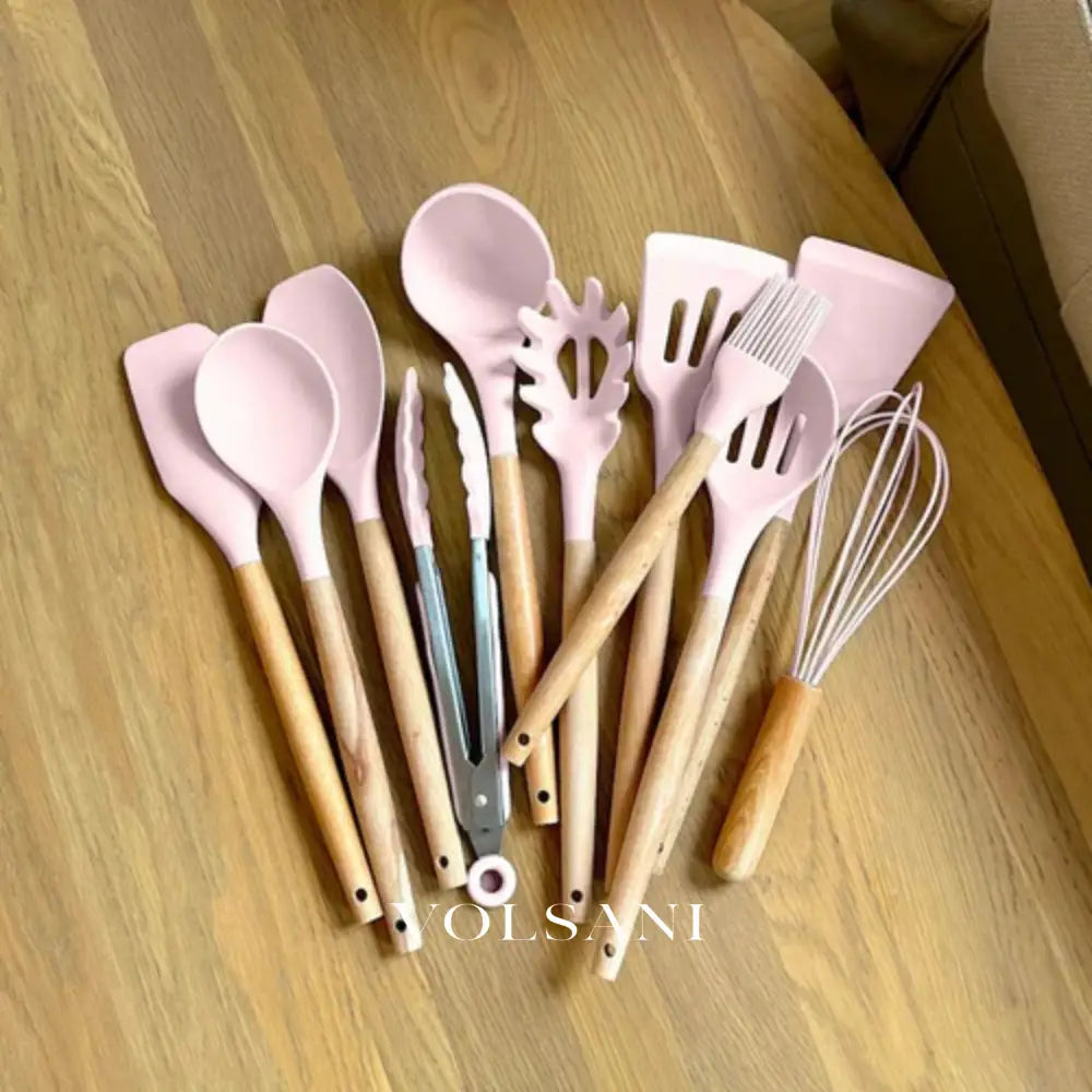FROUKJE: Siliconen Keukengerei – 11-delige Set met Houten Handvatten - Volsani
